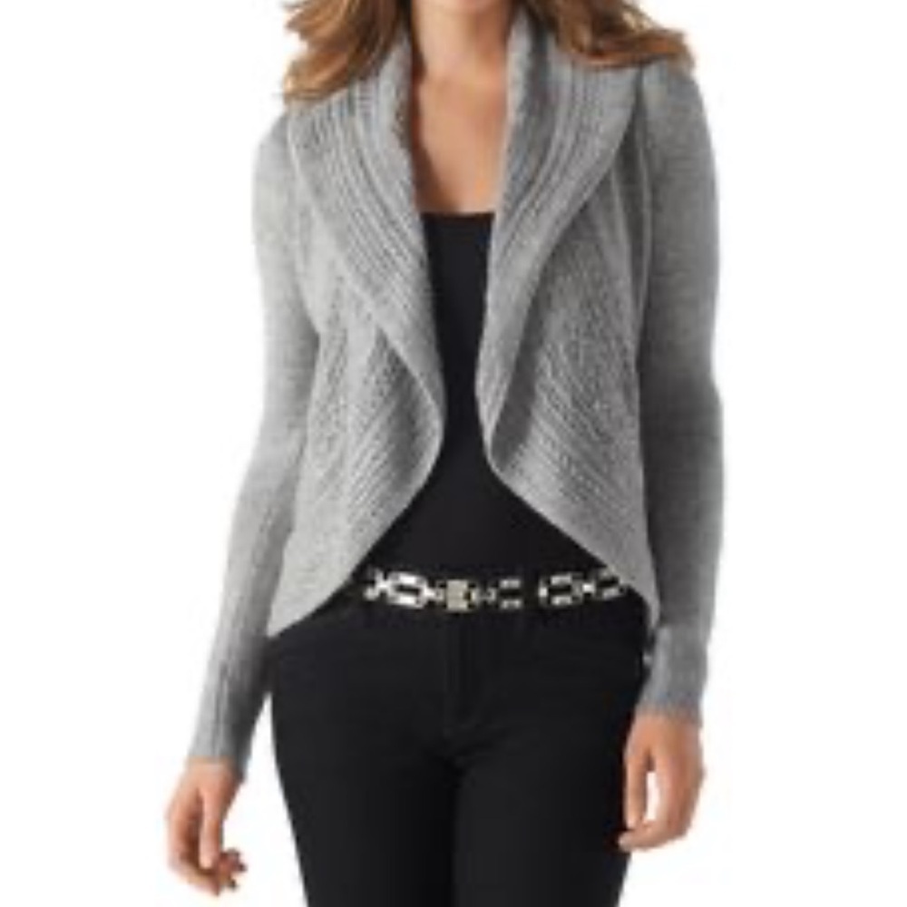 White House Black Market gray acrylic‎ metallic cable knit cardigan sweater Sz M
